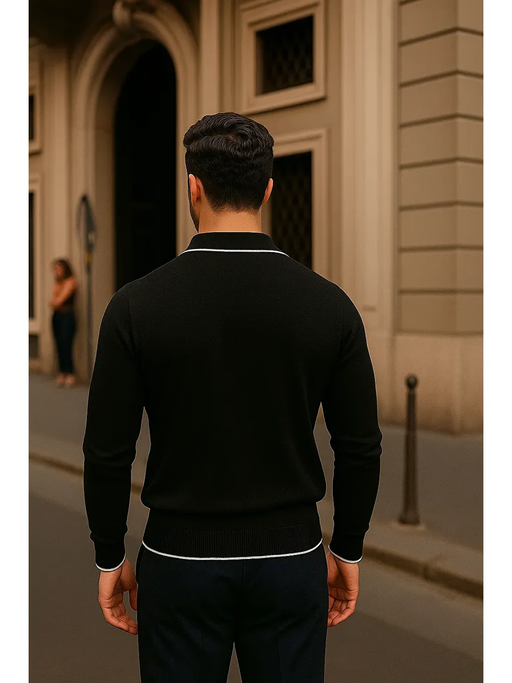 Erkek Fermuarlı Siyah Uzun Kollu Polo Yaka Triko Kazak-5