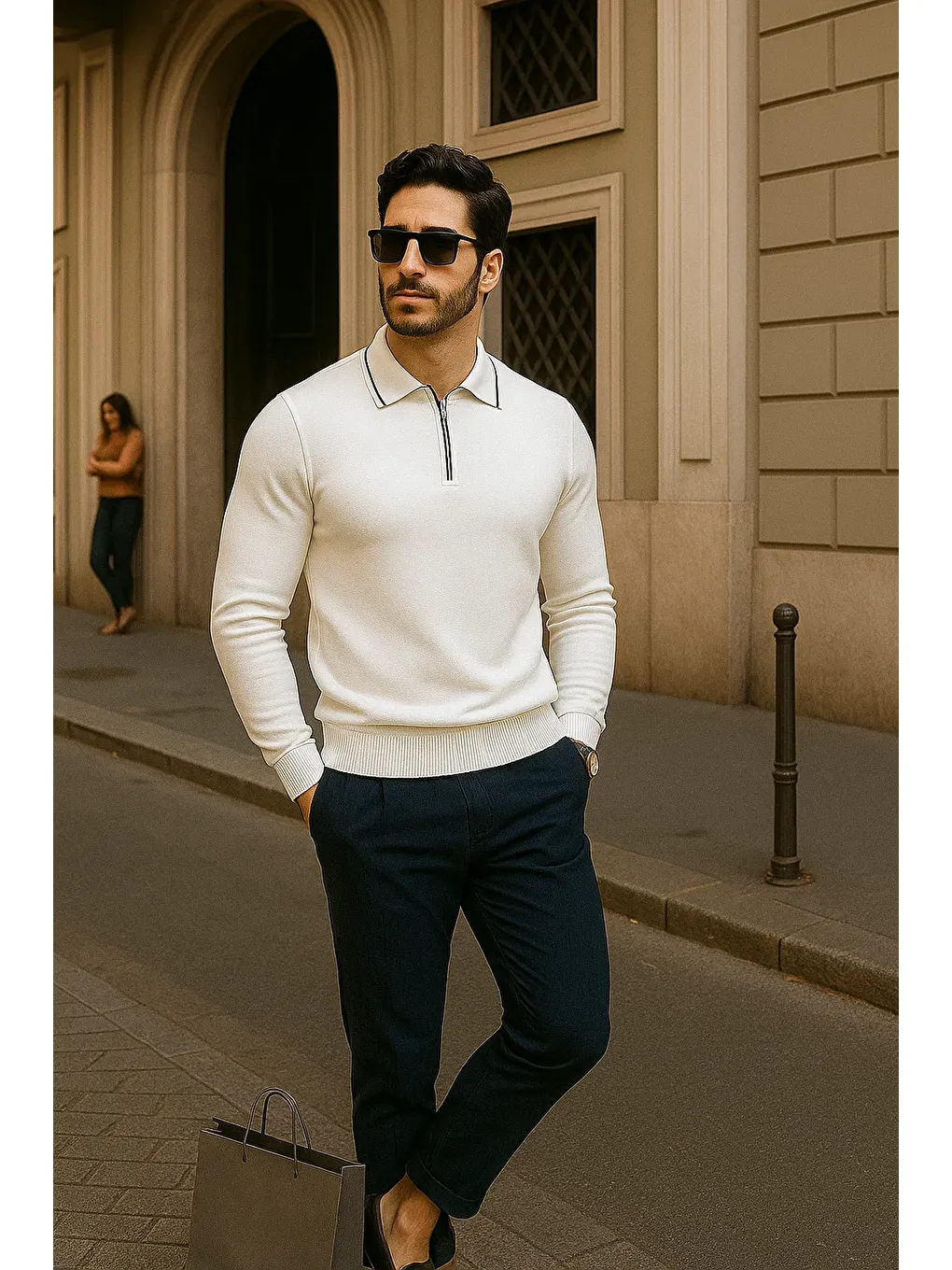 Erkek Fermuarlı Beyaz Uzun Kollu Polo Yaka Triko Kazak-2