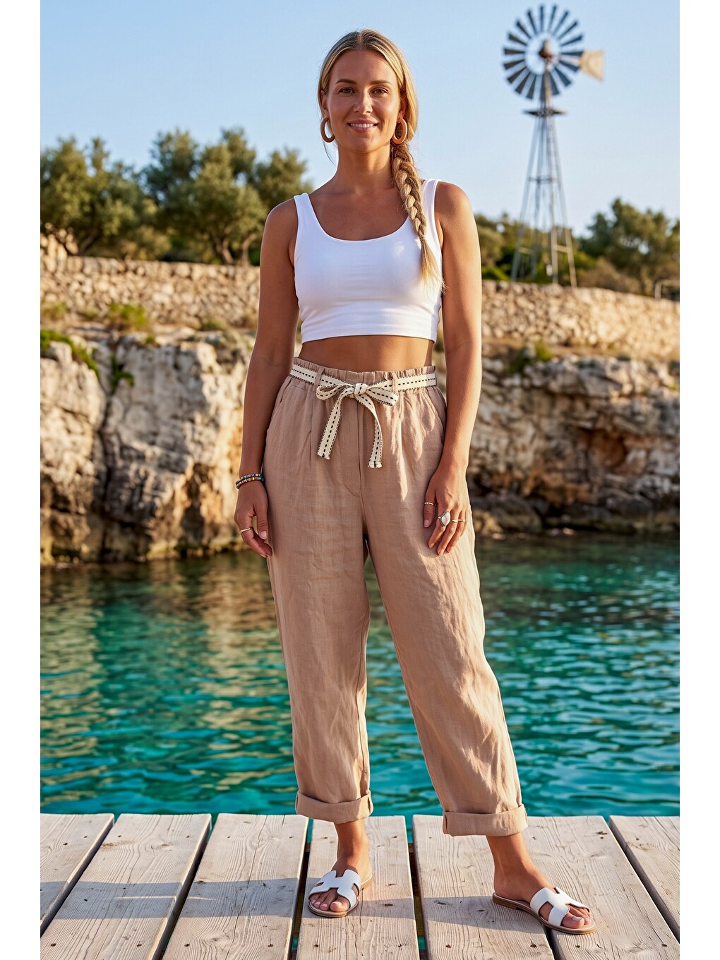 İtalyan Bej Cepli Kemerli Lastikli Bel Şalvar Paça Casual 100% Keten Dokuma Pantolon 85 60-6