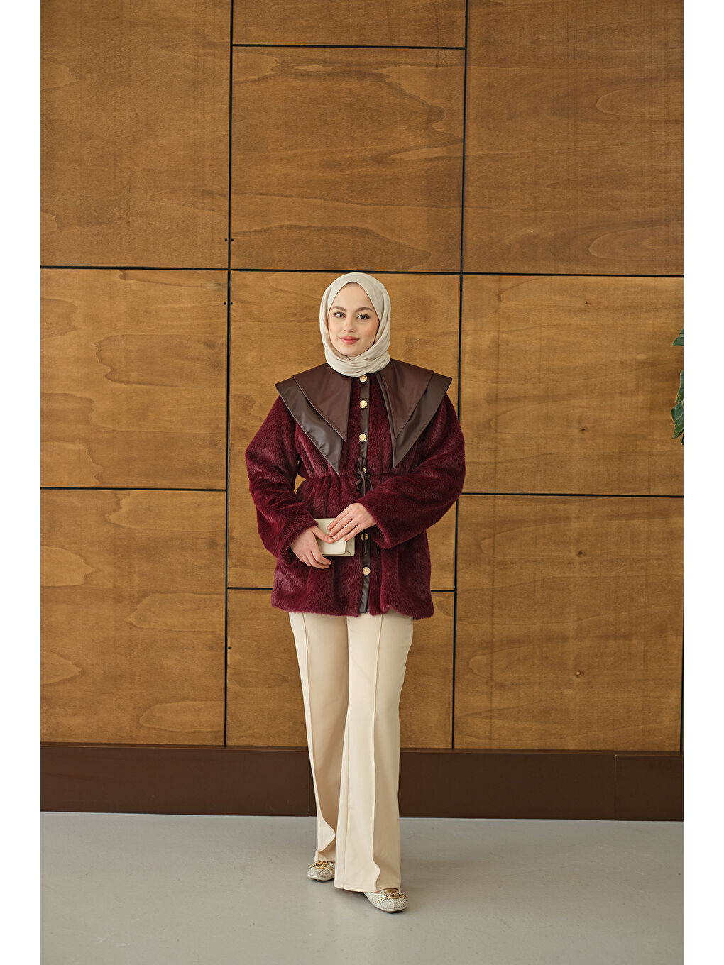 Kadın Çift Deri Yaka Pelüş Ceket Bordo-1