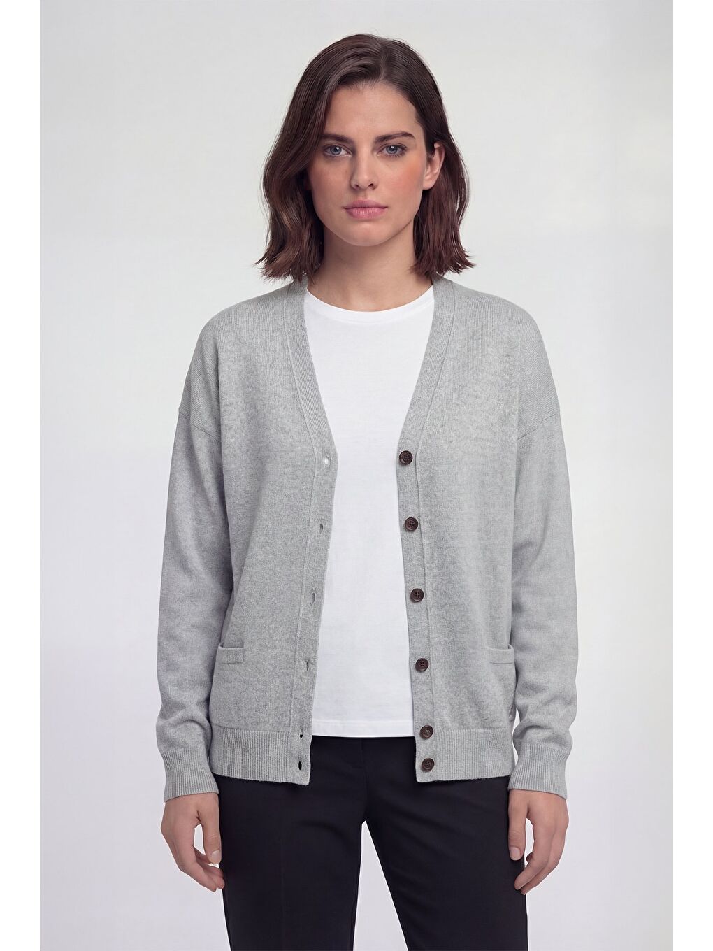 Giotelli Gri Regular Fit Yün Karışımlı V Yaka Düğmeli Erkek Triko Hırka-1