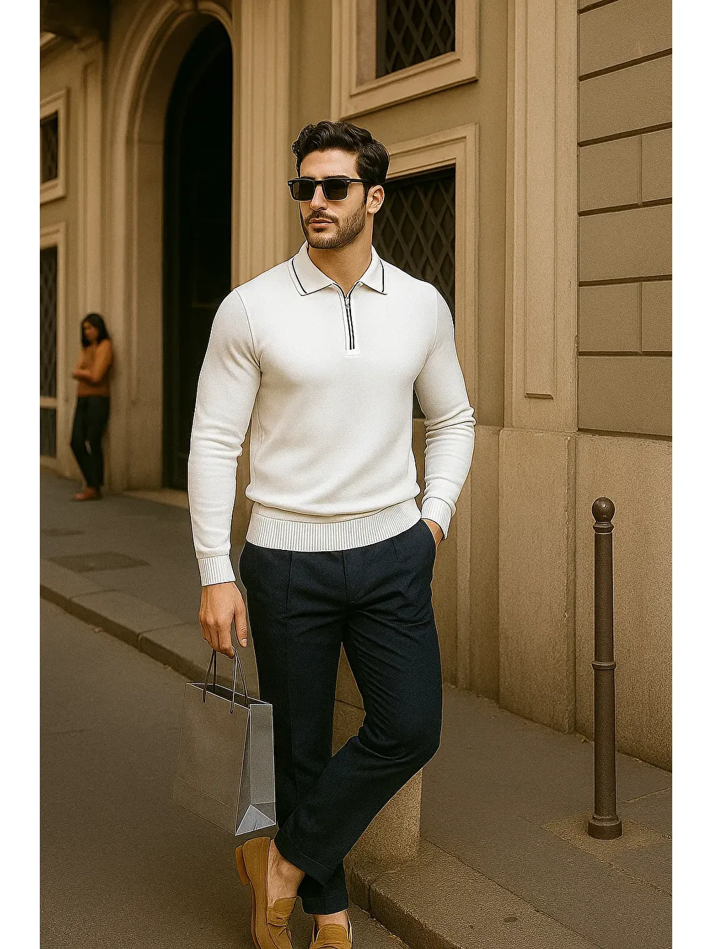 Erkek Fermuarlı Beyaz Uzun Kollu Polo Yaka Triko Kazak-3