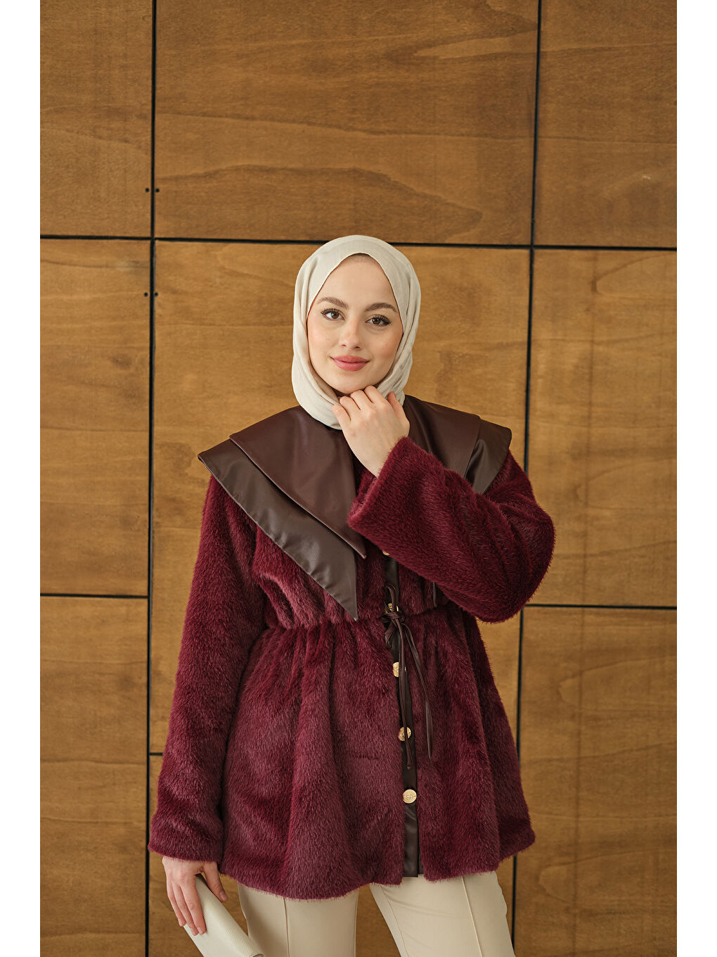 Kadın Çift Deri Yaka Pelüş Ceket Bordo-2