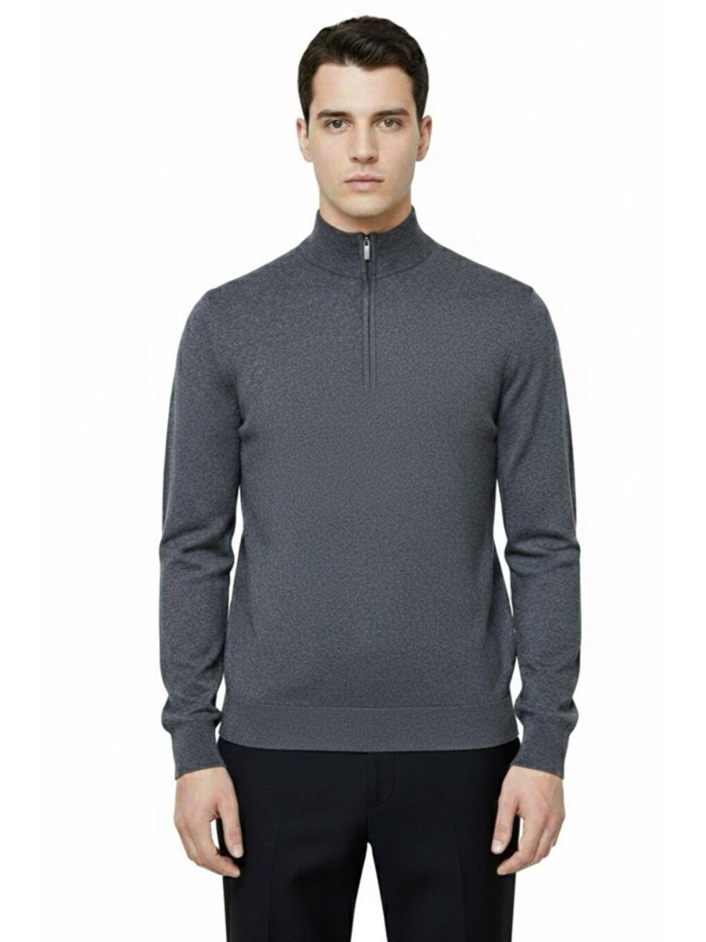 Gri Antrasit Regular Fit Pamuk Karışımlı Fermuarlı Yarım Balıkçı Yaka Triko Kazak