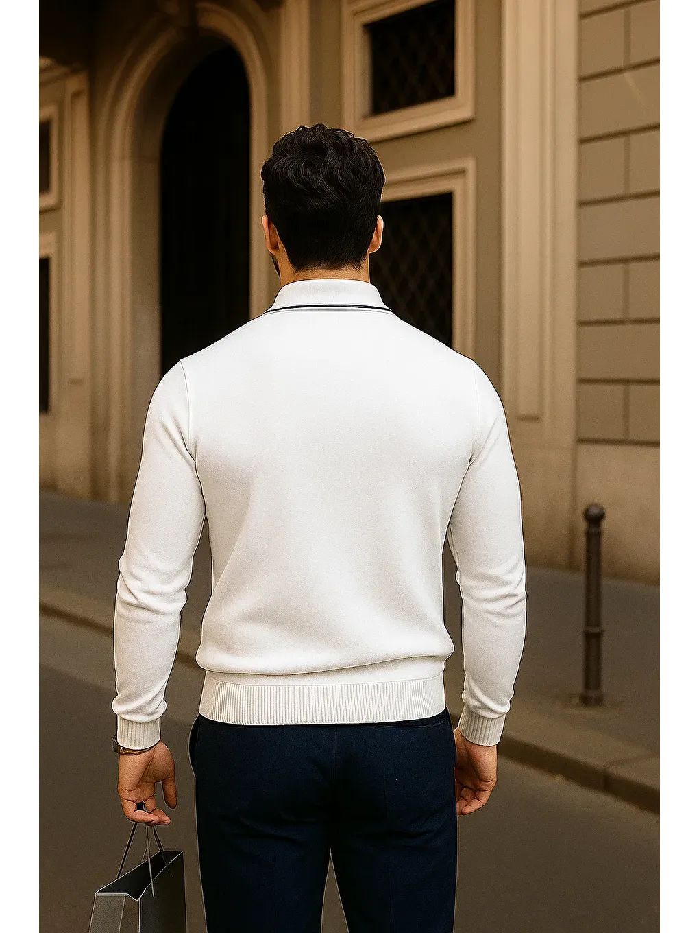 Erkek Fermuarlı Beyaz Uzun Kollu Polo Yaka Triko Kazak-4