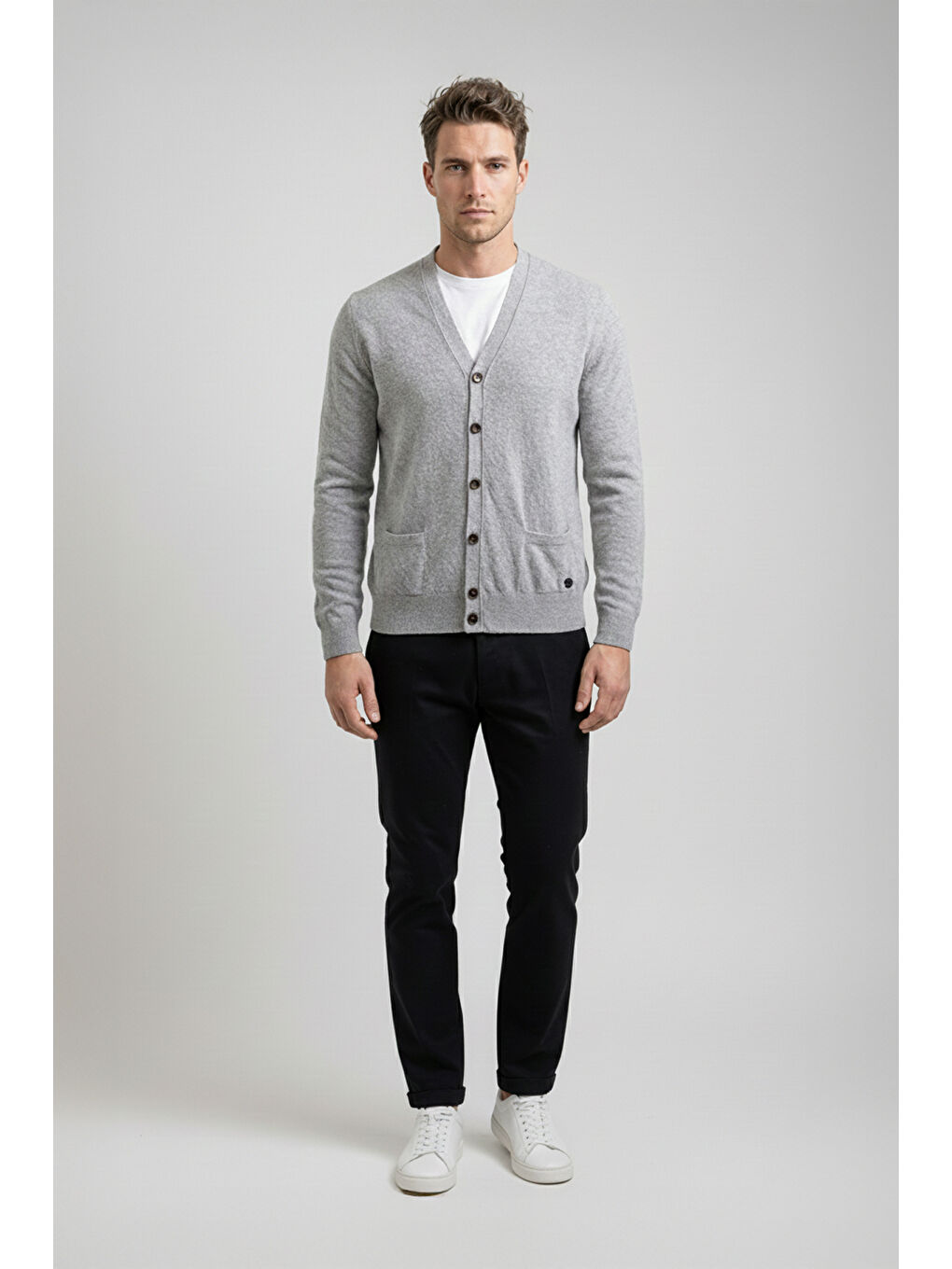 Giotelli Gri Regular Fit Yün Karışımlı V Yaka Düğmeli Erkek Triko Hırka-3