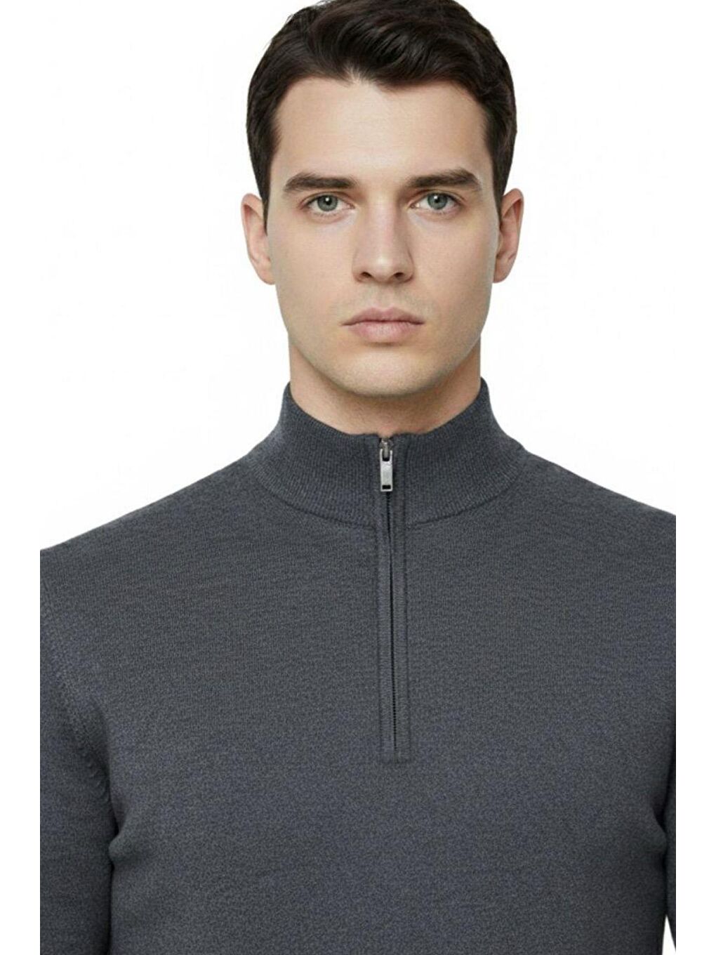 Gri Antrasit Regular Fit Pamuk Karışımlı Fermuarlı Yarım Balıkçı Yaka Triko Kazak-1