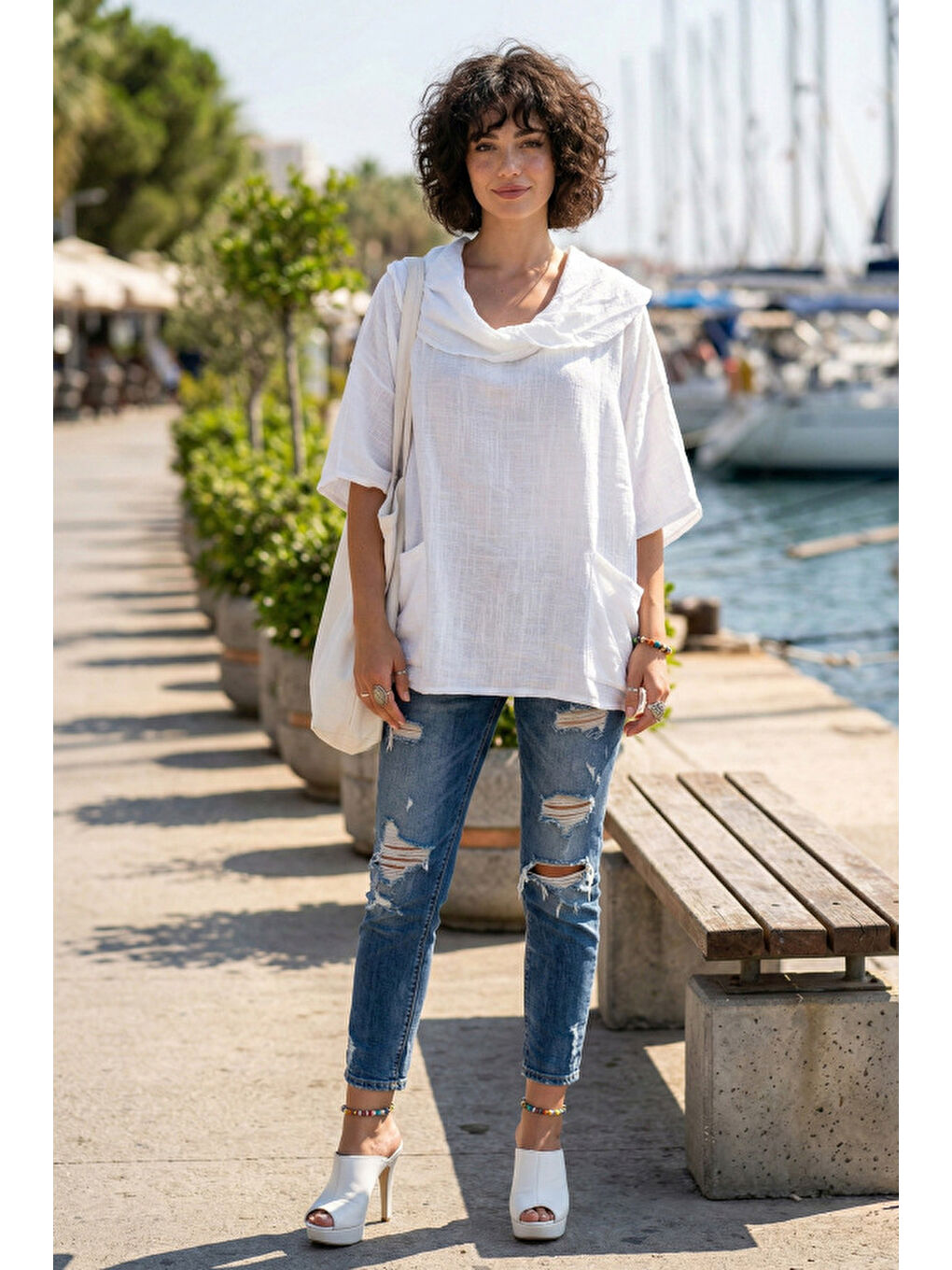 Beyaz Şal Yaka Kısa Kol Çift Cepli Casual Keten Görünümlü Geniş Kesim Dokuma Bluz 65 83-3