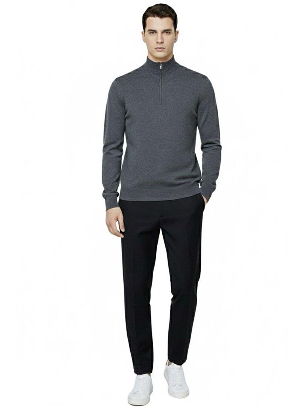Gri Antrasit Regular Fit Pamuk Karışımlı Fermuarlı Yarım Balıkçı Yaka Triko Kazak-3