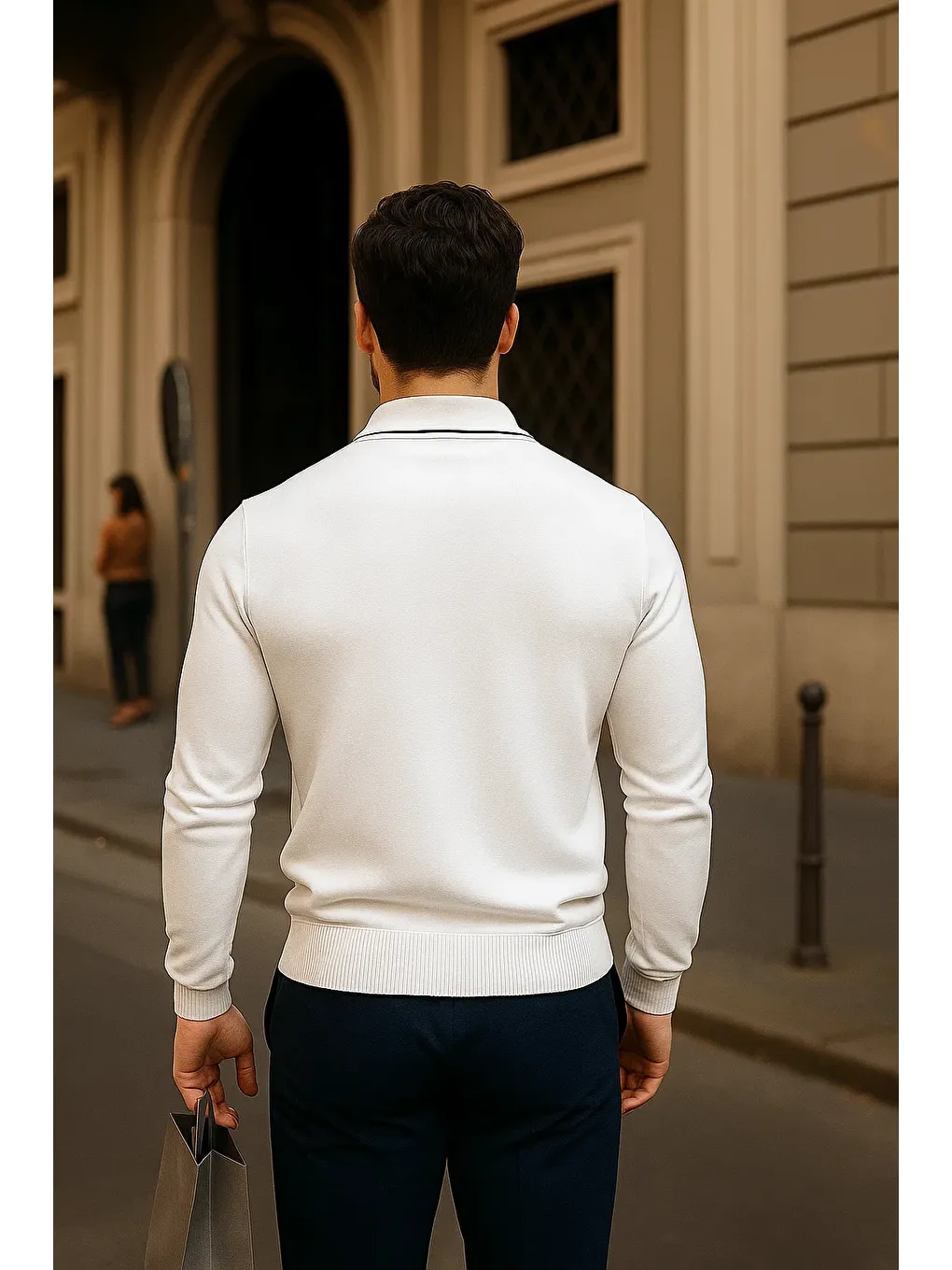 Erkek Fermuarlı Beyaz Uzun Kollu Polo Yaka Triko Kazak-5