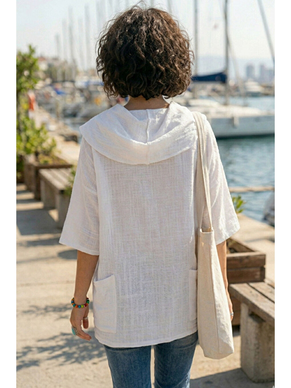 Beyaz Şal Yaka Kısa Kol Çift Cepli Casual Keten Görünümlü Geniş Kesim Dokuma Bluz 65 83-4