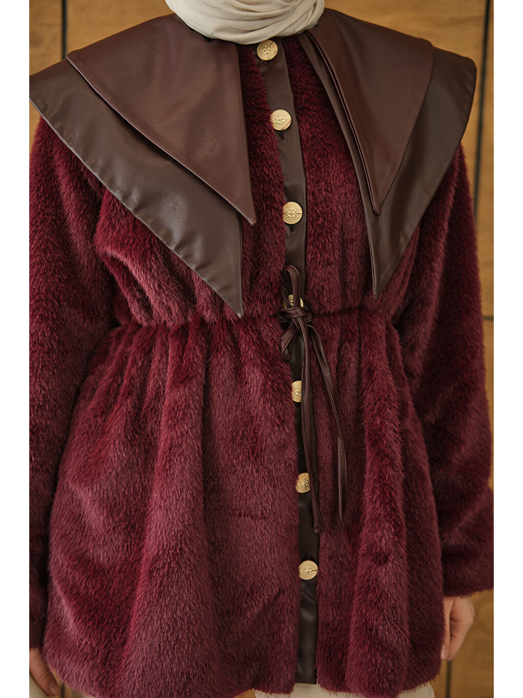Kadın Çift Deri Yaka Pelüş Ceket Bordo-4