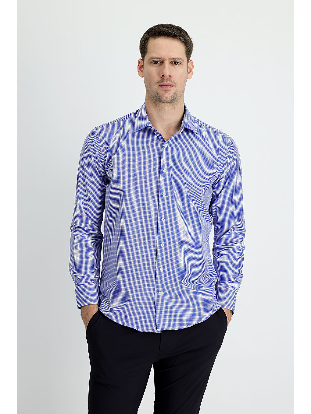 Lacivert Uzun Kol Slim Fit Dar Kesim Ekose Pamuklu Kolay Ütülenebilir Gömlek