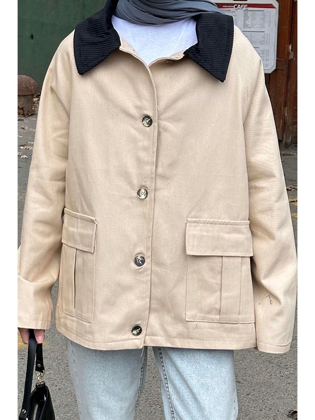 Bej Yaka Detaylı Düğmeli Gabardin Ceket Vizonrengi-3