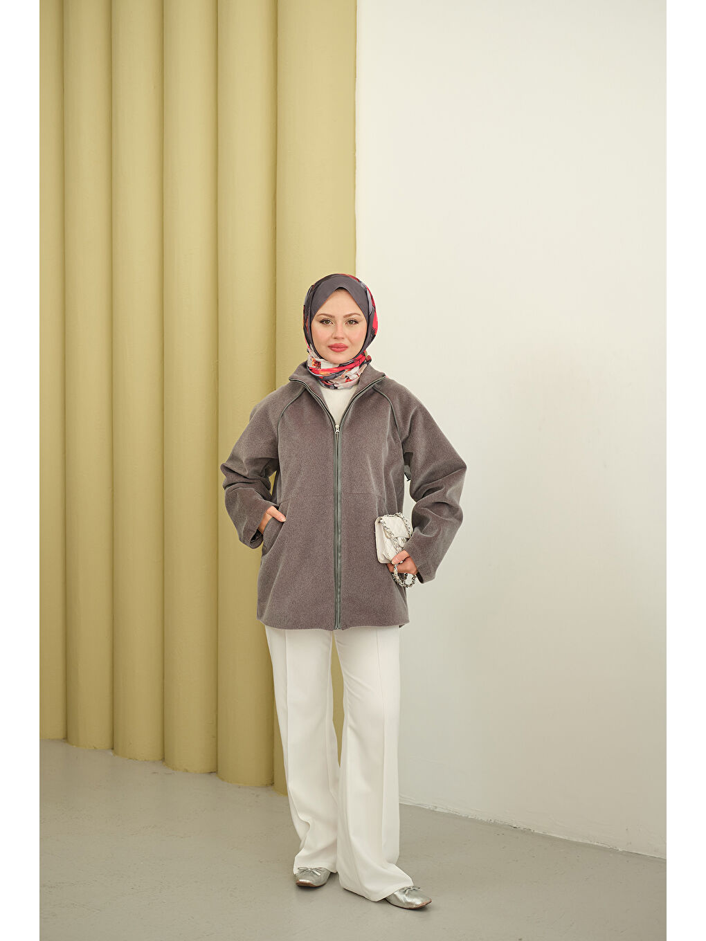 Kadın Gizli Fermuar Detay Deri Şeritli Ceket Gri-4