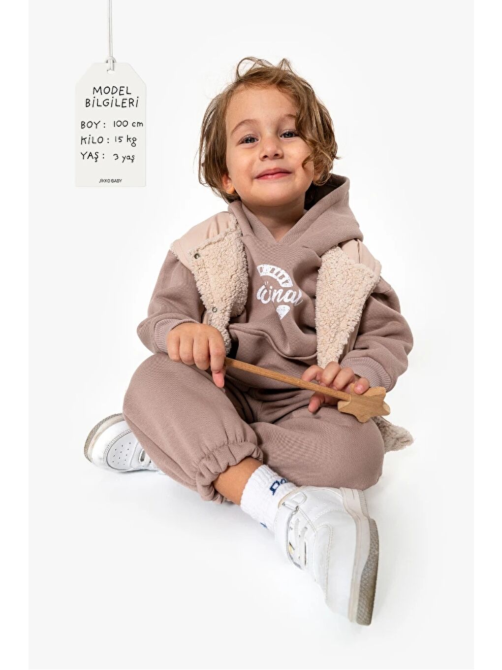 Bej Kapüşonlu Yelekli 3’lü Unisex Bebek Takım 8173
