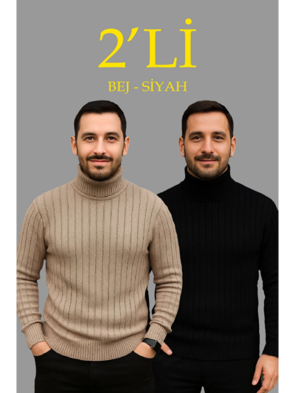 Erkek Fitilli Triko Kazak 2li Set Bej Siyah Regular Balıkcı Yaka Tam Boğazlı Triko Seti Modeli Kazak