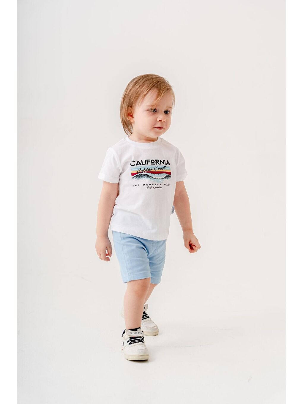 Mavi Tarz Gömlekli Çizgili Belden Ayarlanabilir Kısa Kollu Şortlu 3'lü Takım Bayramlık Düğünlük-1