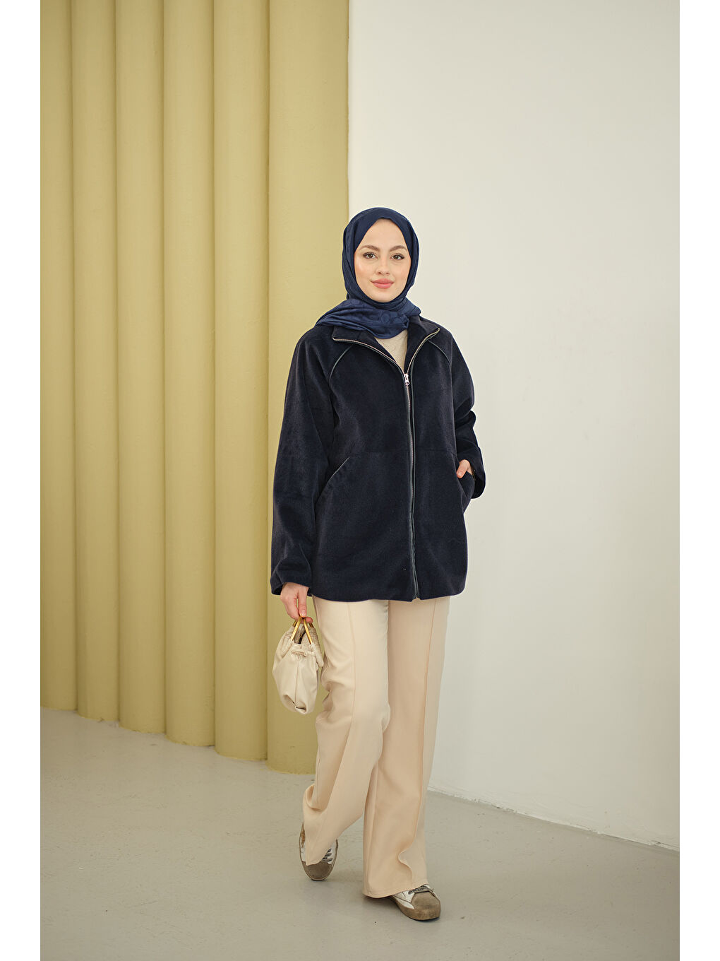 Kadın Gizli Fermuar Detay Deri Şeritli Ceket Lacivert-1