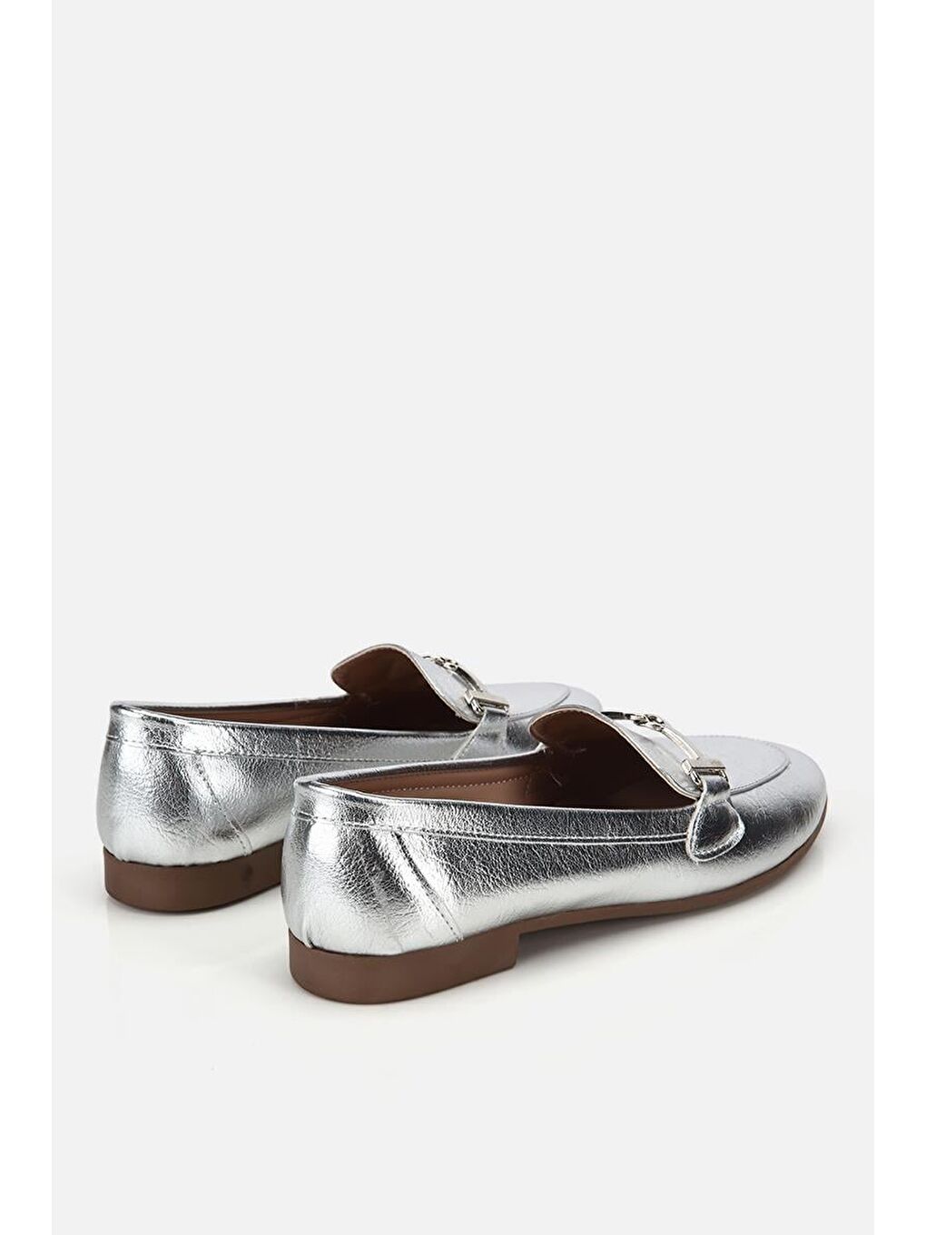 Gri Kadın Lame Toka Detaylı Metalik  Loafer-2