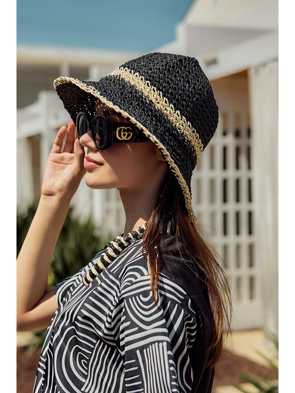 İki Renk Şerit El Örgüsü Hasır Şapka Plaj Şapkası RŞ-102 Siyah Bej 2099-1