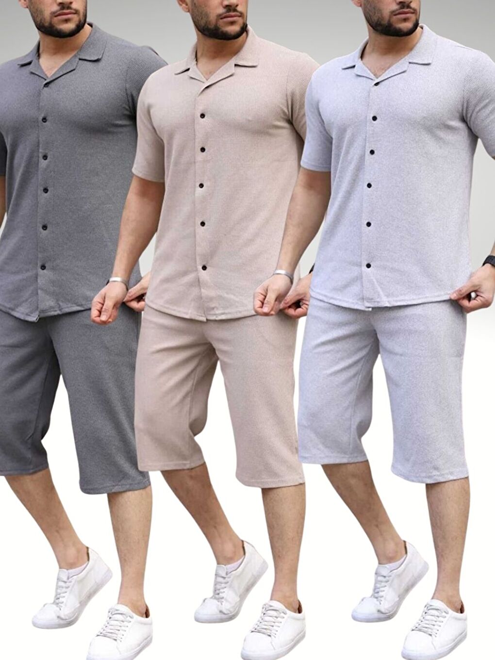 Karışık 3Lü Set Füme Bej Gri Waffle Kumaş Kapri Şort Gömlek Erkek Kısa Kollu Takım Slim Fit