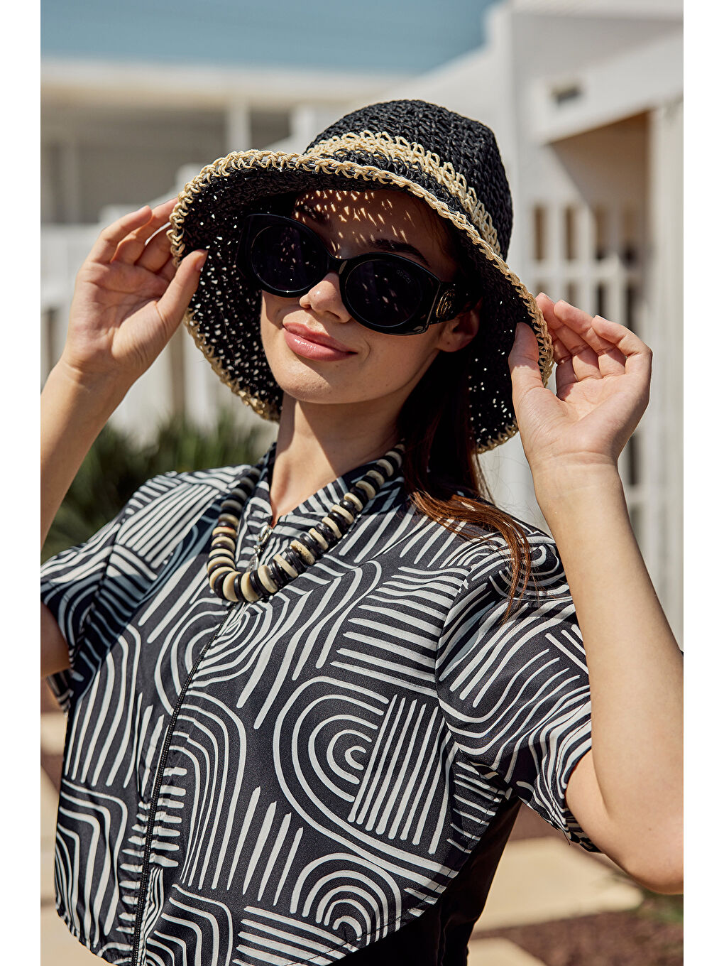 İki Renk Şerit El Örgüsü Hasır Şapka Plaj Şapkası RŞ-102 Siyah Bej 2099-2