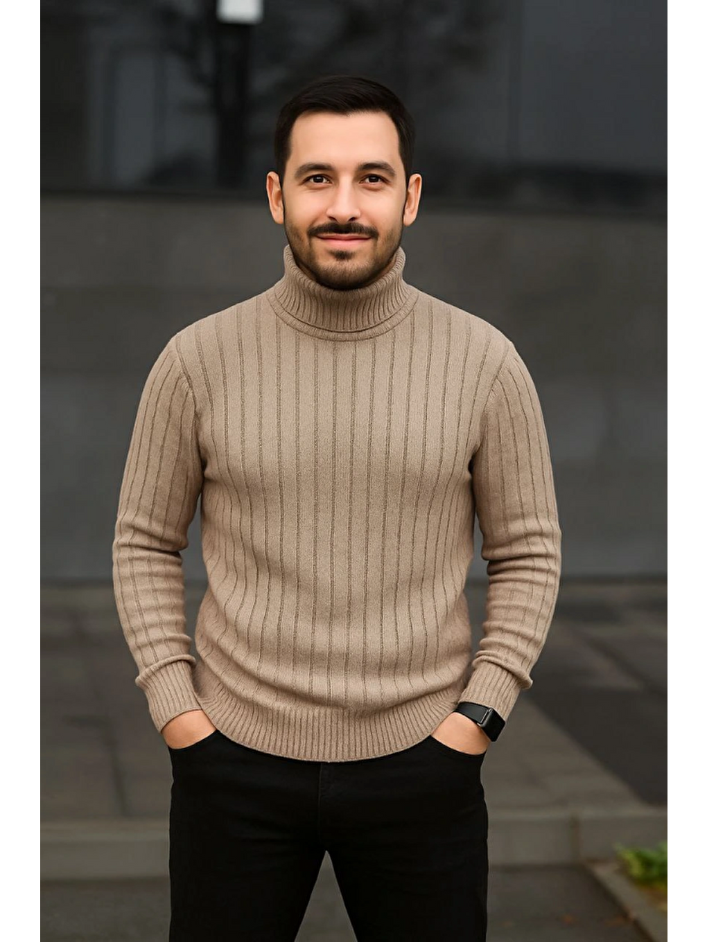Erkek Fitilli Triko Kazak 2li Set Bej Siyah Regular Balıkcı Yaka Tam Boğazlı Triko Seti Modeli Kazak-2