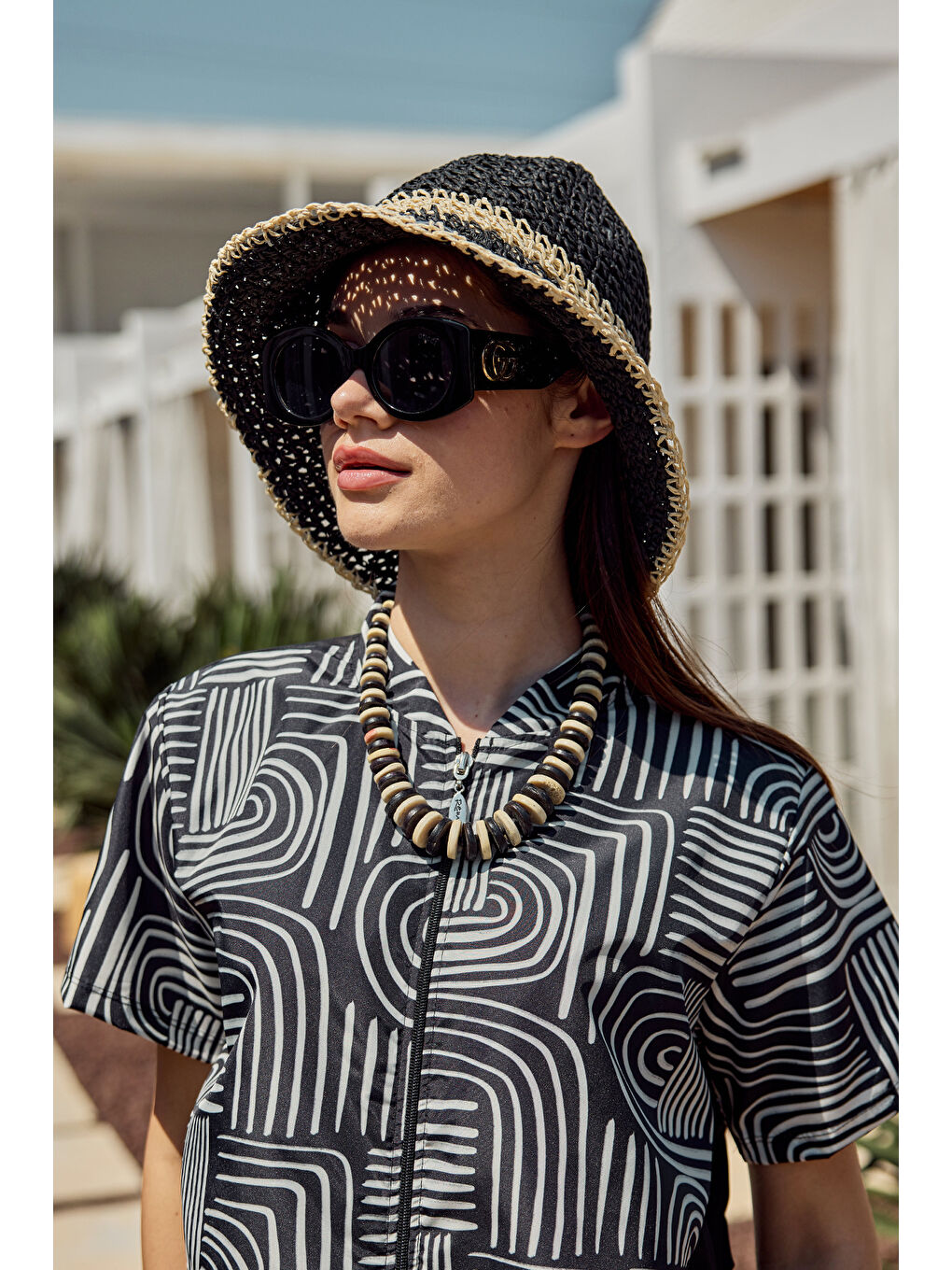 İki Renk Şerit El Örgüsü Hasır Şapka Plaj Şapkası RŞ-102 Siyah Bej 2099-3