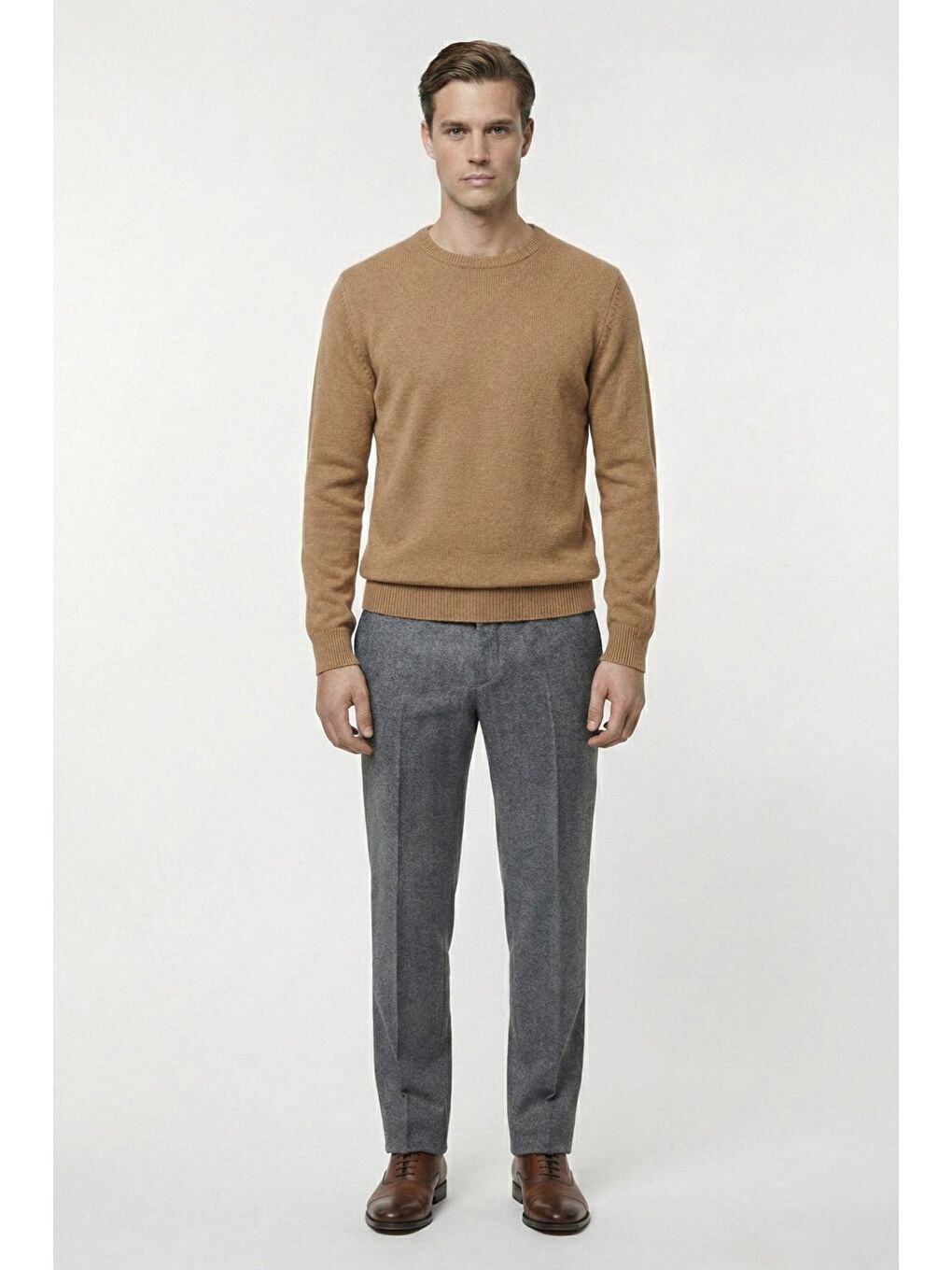 Kahverengi Camel Standart Fit Yün Karışımlı Bisiklet Yaka Düz Erkek Triko Kazak-1