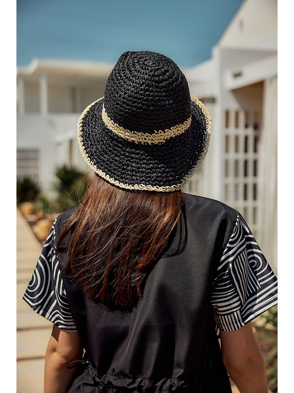 İki Renk Şerit El Örgüsü Hasır Şapka Plaj Şapkası RŞ-102 Siyah Bej 2099-4
