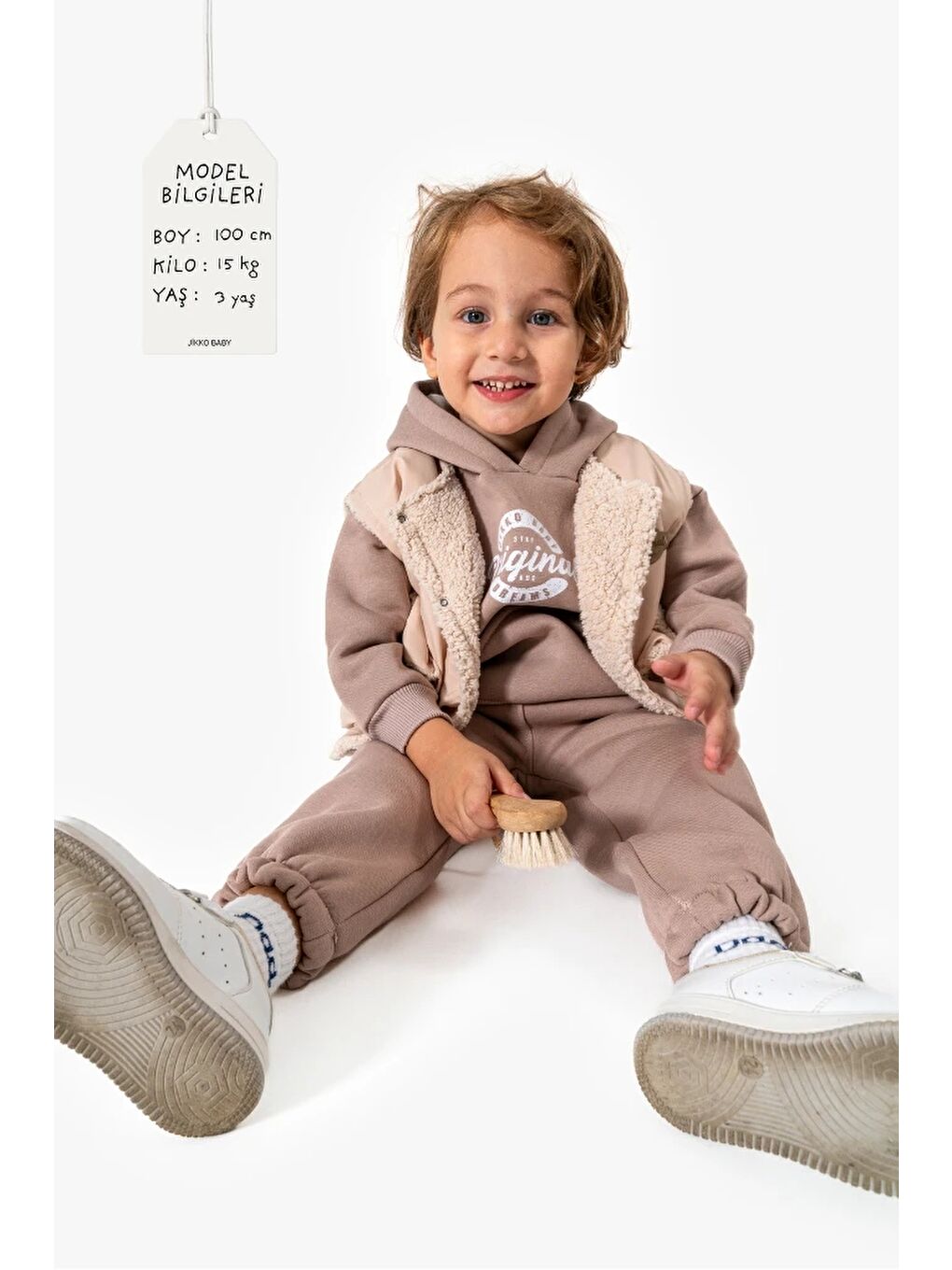 Bej Kapüşonlu Yelekli 3’lü Unisex Bebek Takım 8173-1