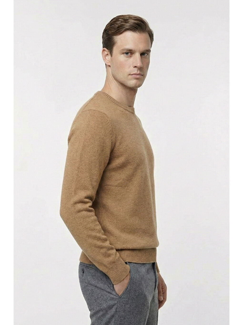 Kahverengi Camel Standart Fit Yün Karışımlı Bisiklet Yaka Düz Erkek Triko Kazak-2