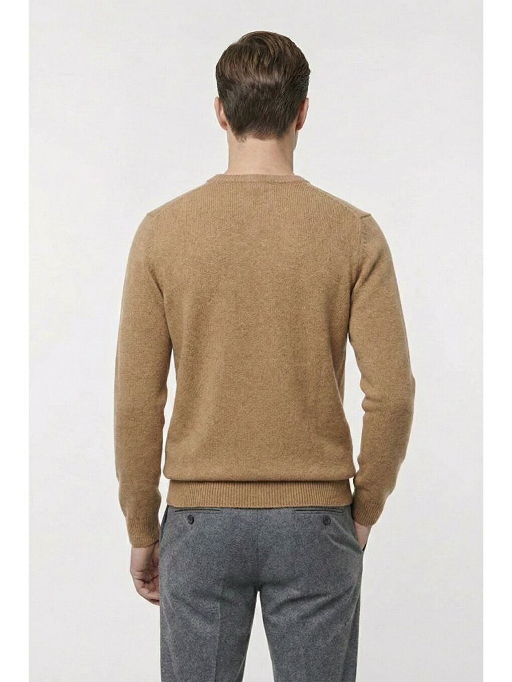 Kahverengi Camel Standart Fit Yün Karışımlı Bisiklet Yaka Düz Erkek Triko Kazak-3