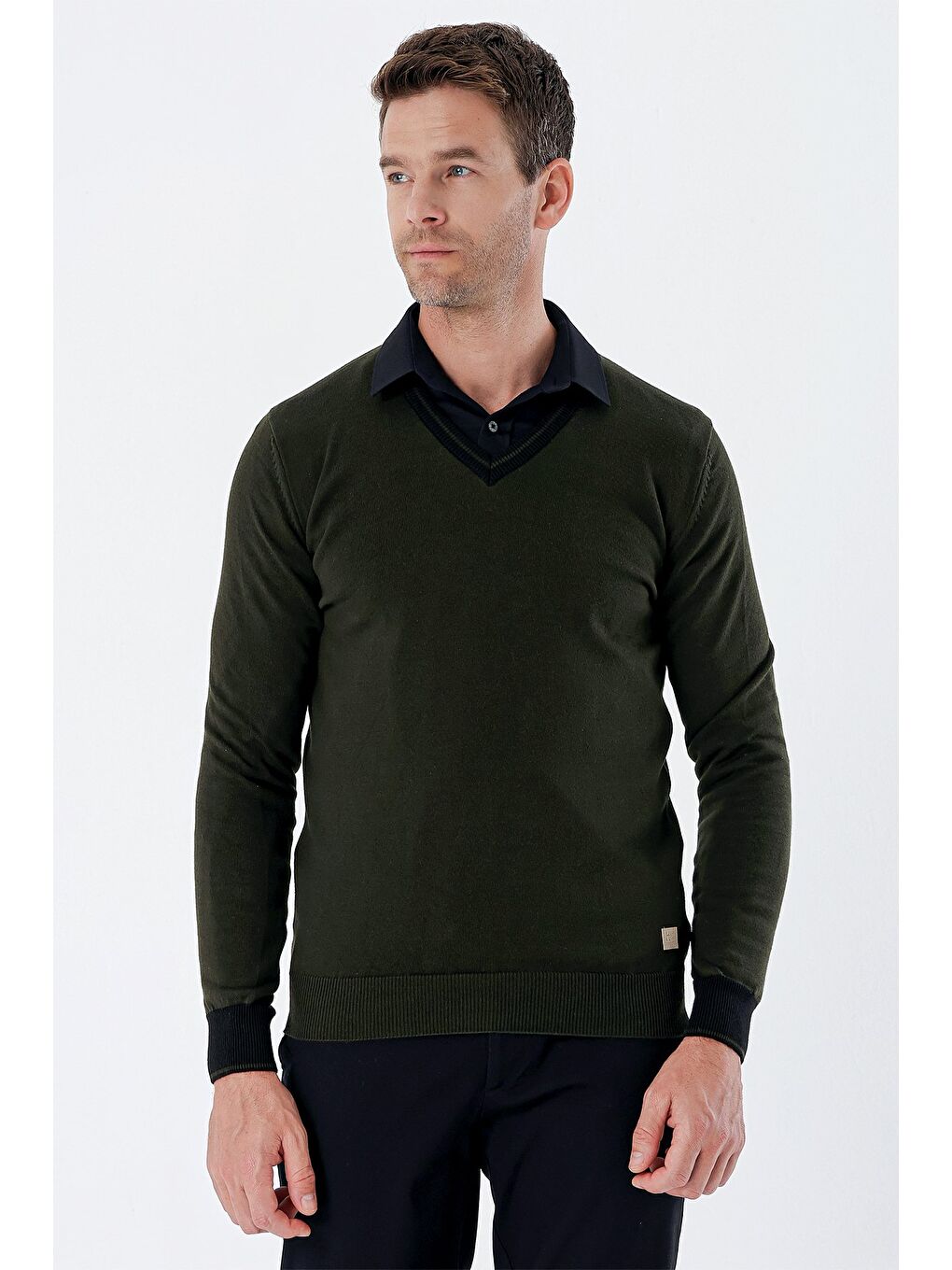 Koyu Haki Uzun Kollu Desenli Örme V Yaka Pamuklu Klasik Comfort Fit Triko 1012235168