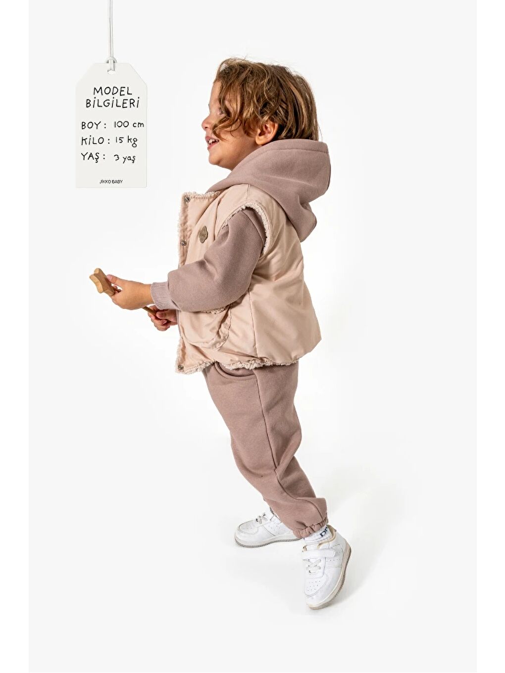 Bej Kapüşonlu Yelekli 3’lü Unisex Bebek Takım 8173-2