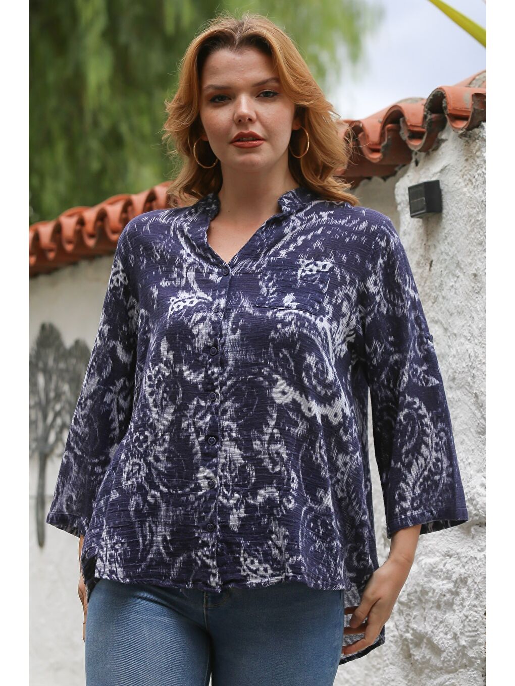 Mavi-Beyaz Hakim Yaka 3/4 Kol Desenli Düğmeli Dokuma Gömlek 70 65-2