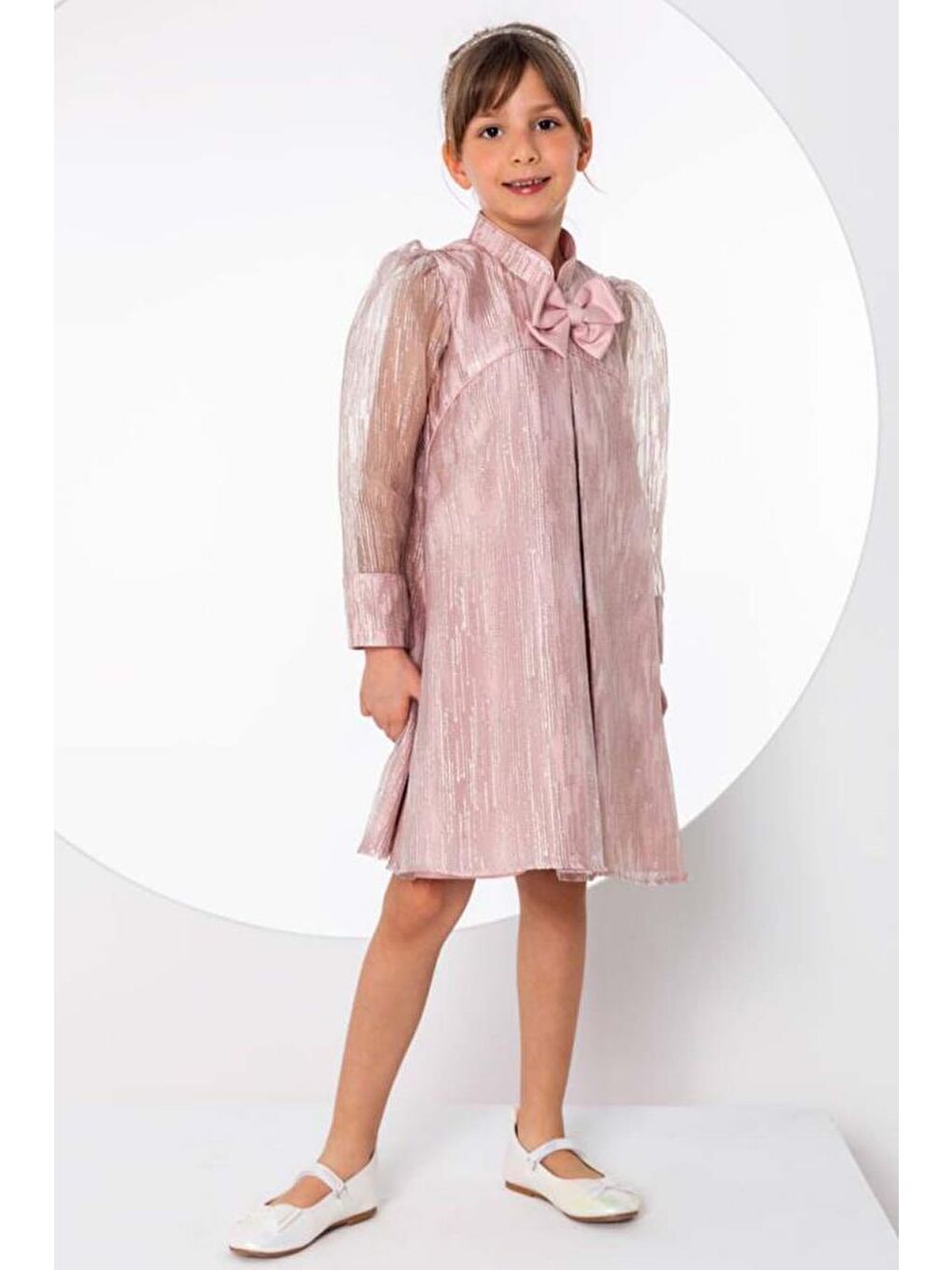 Pembe Kız Çocuk Yakası Fiyonk Detaylı Kolları Şeffaf Tül İçi Astarlı Şifon Pudra Elbise-2