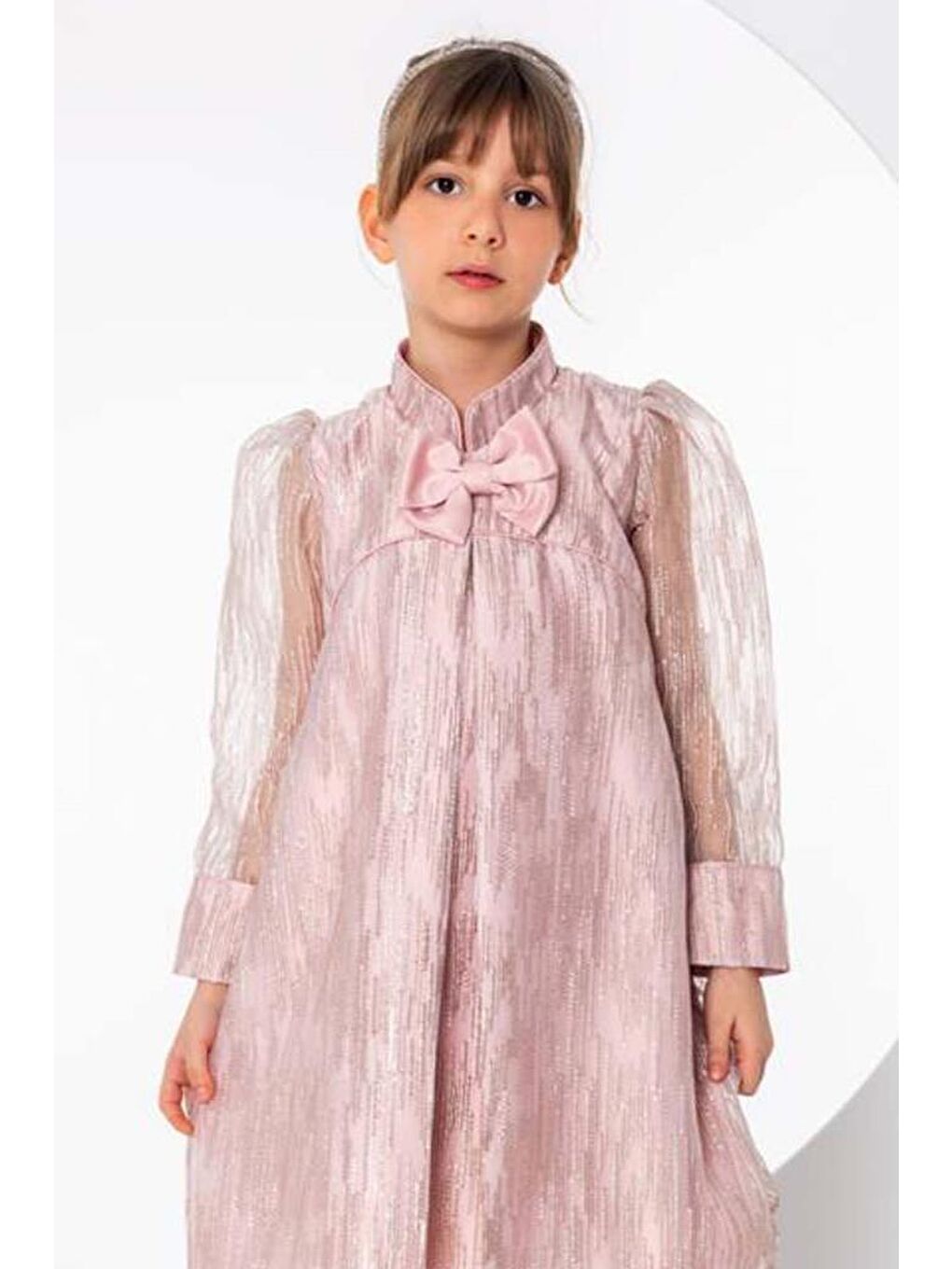 Pembe Kız Çocuk Yakası Fiyonk Detaylı Kolları Şeffaf Tül İçi Astarlı Şifon Pudra Elbise-3