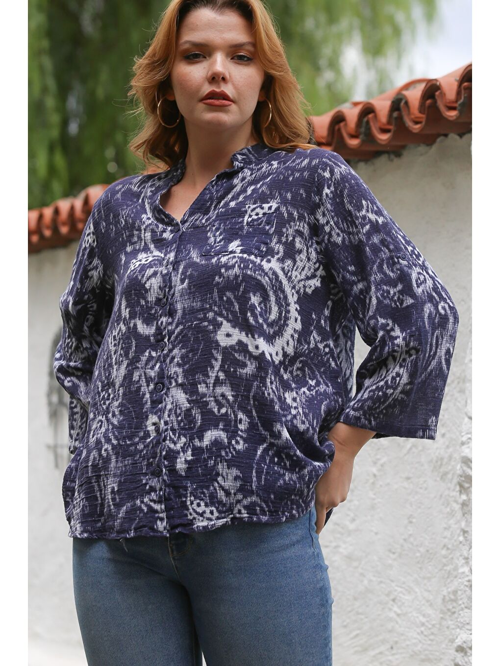 Mavi-Beyaz Hakim Yaka 3/4 Kol Desenli Düğmeli Dokuma Gömlek 70 65-3