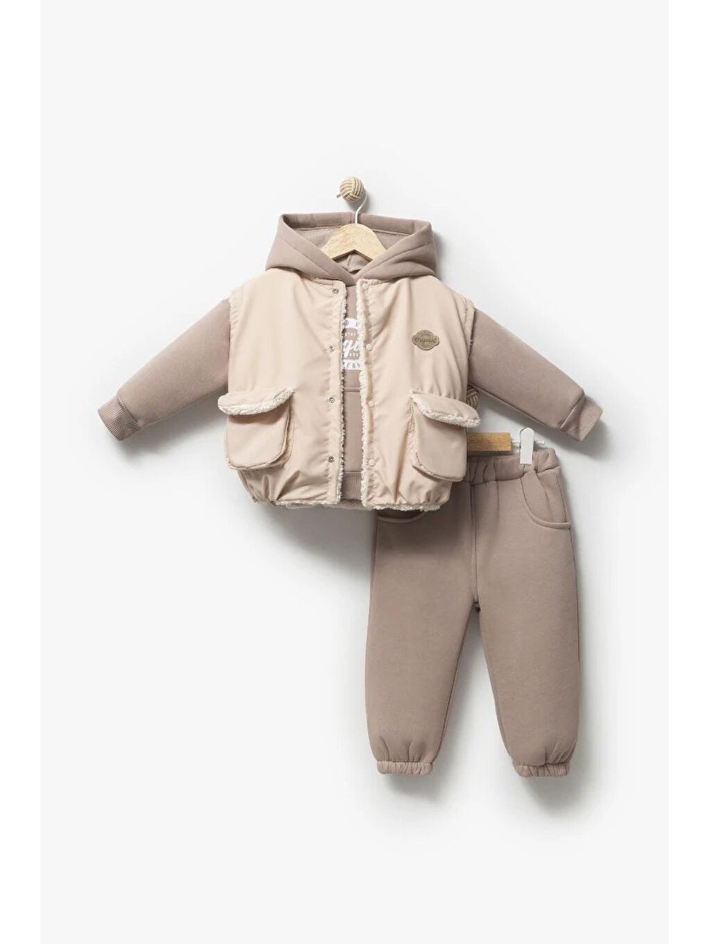 Bej Kapüşonlu Yelekli 3’lü Unisex Bebek Takım 8173-3