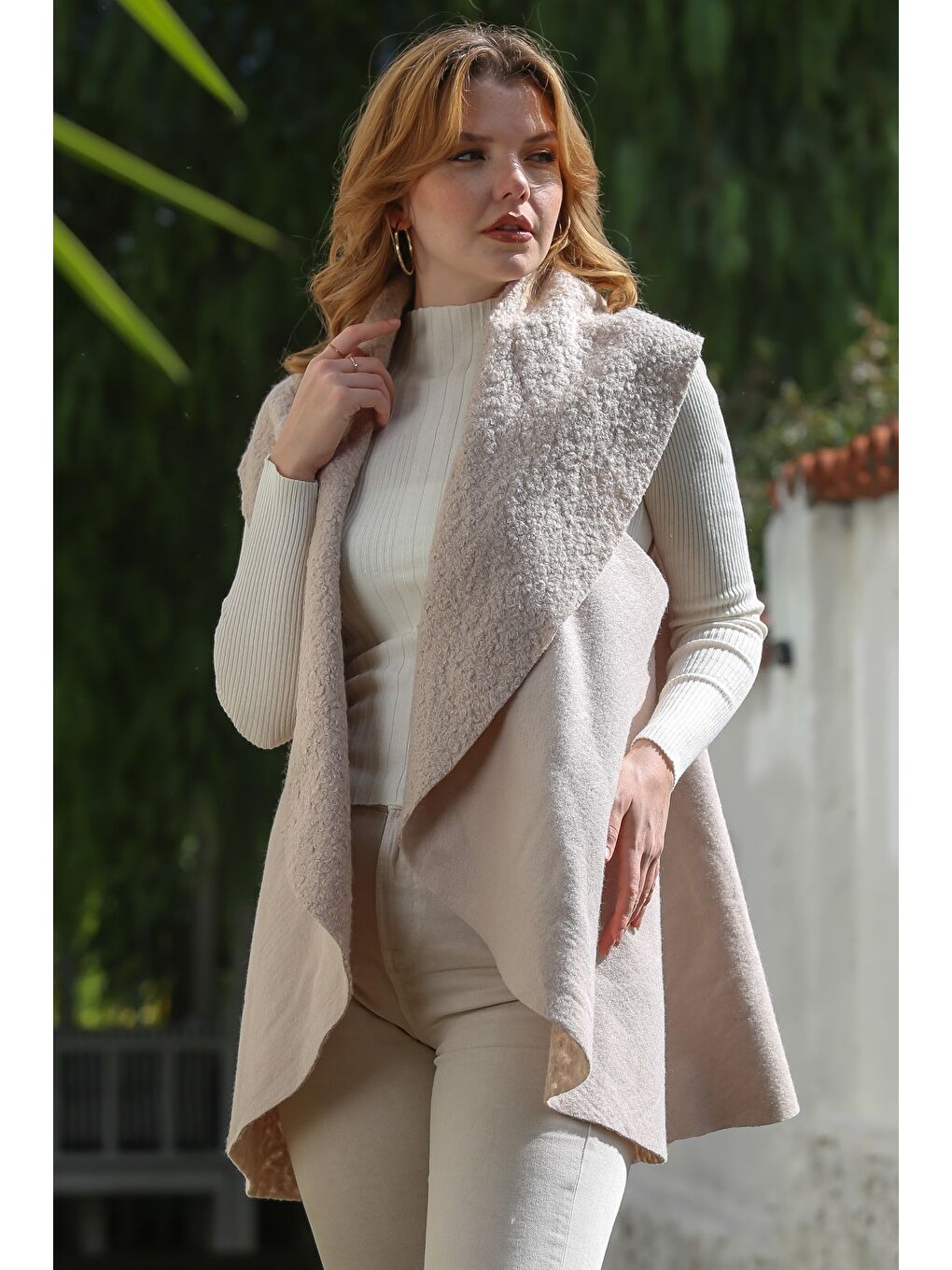 İtalyan Bej Şal Yaka Kolsuz Casual Buklet Dokuma Yelek 80 65-2