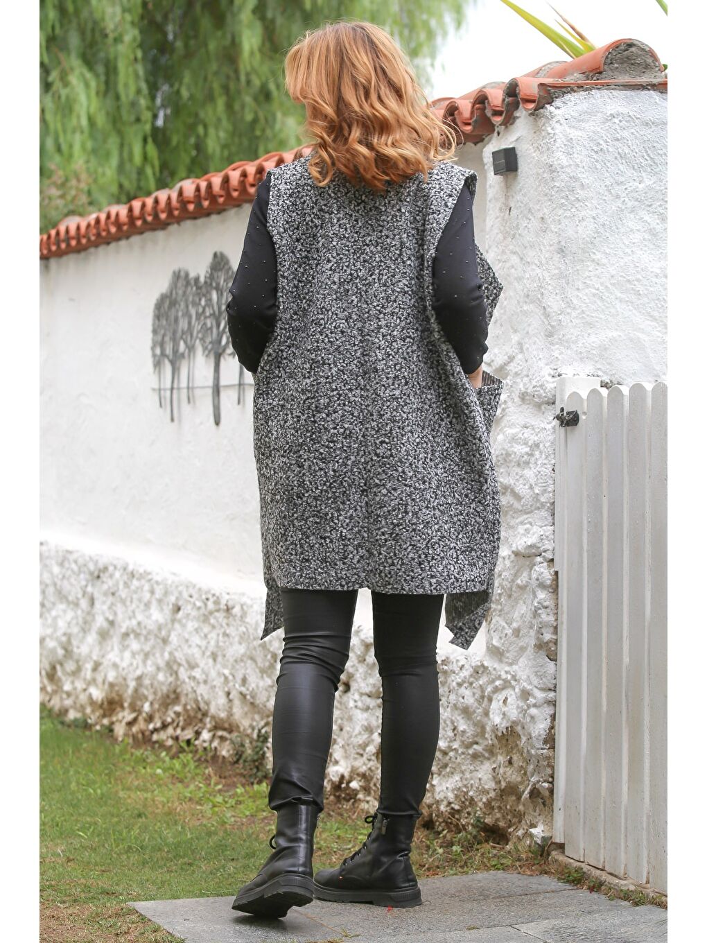 İtalyan Gri Şal Yaka Kolsuz Cepli Casual Buklet Dokuma Yelek 90 65-1