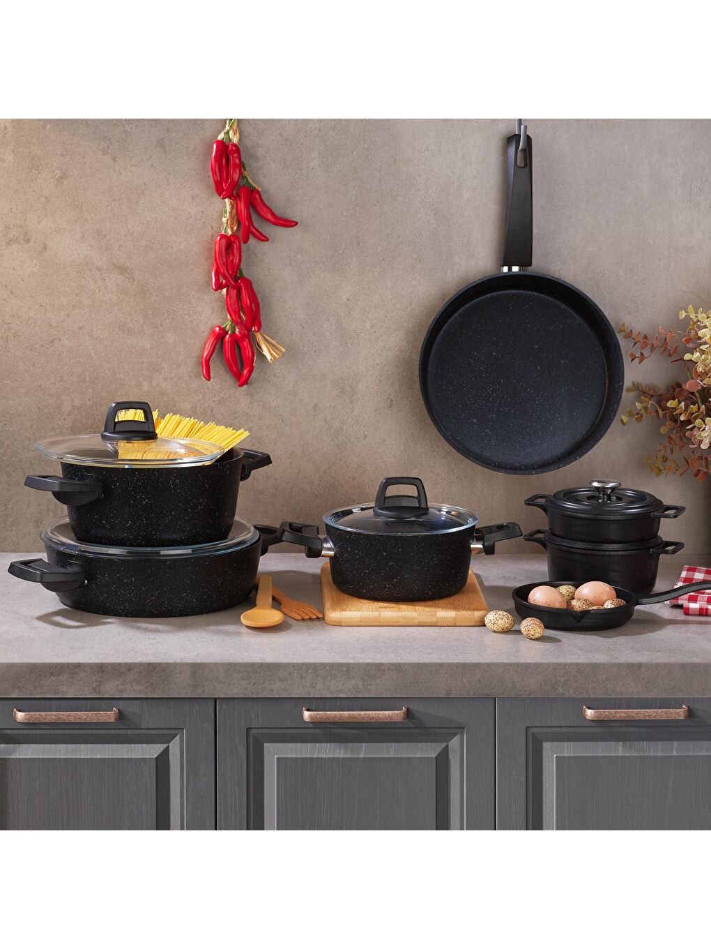 Siyah Dark Storm Pro Granit 12 Parça Tencere Seti