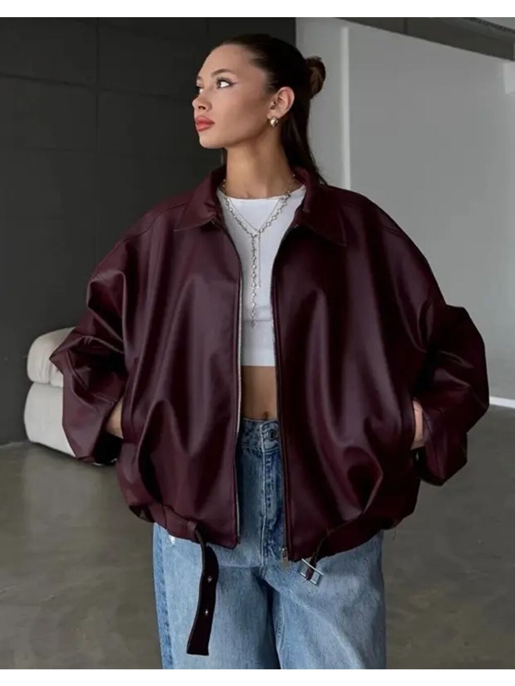 Bordo Kadın Siyah Oversize Suni Deri Bomber Ceket – Fermuarlı Mont-1