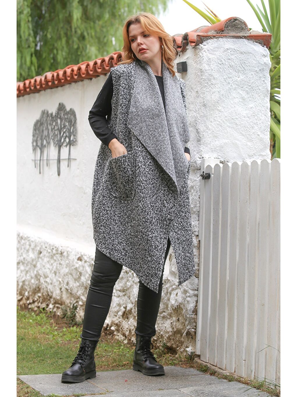 İtalyan Gri Şal Yaka Kolsuz Cepli Casual Buklet Dokuma Yelek 90 65-2