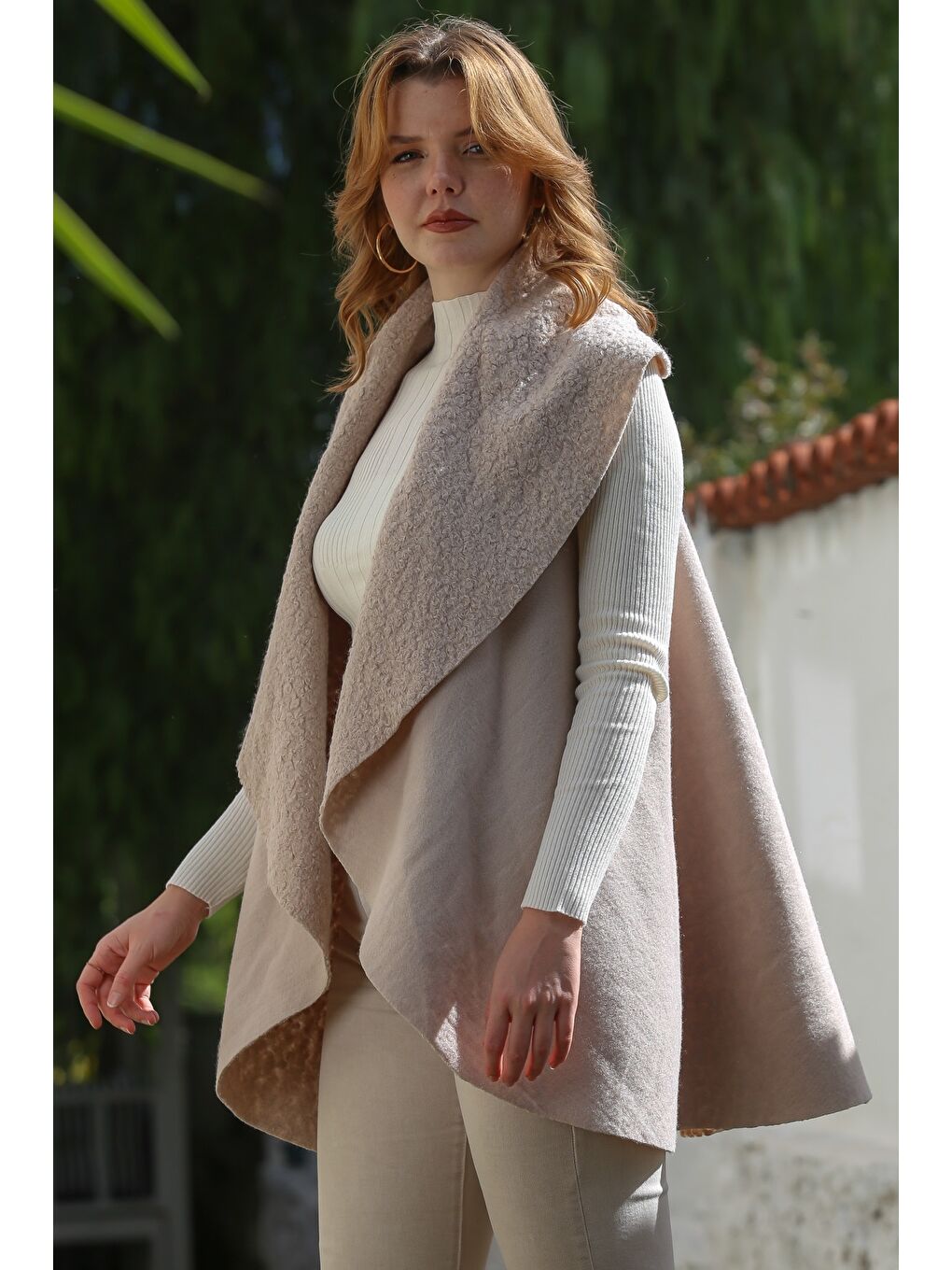 İtalyan Bej Şal Yaka Kolsuz Casual Buklet Dokuma Yelek 80 65-5