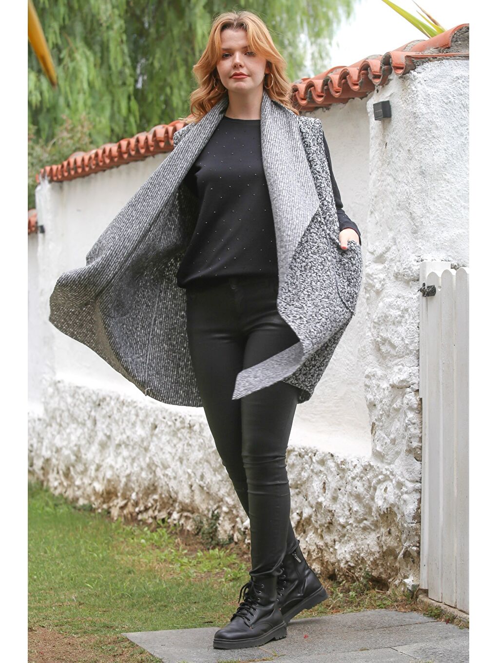 İtalyan Gri Şal Yaka Kolsuz Cepli Casual Buklet Dokuma Yelek 90 65-3