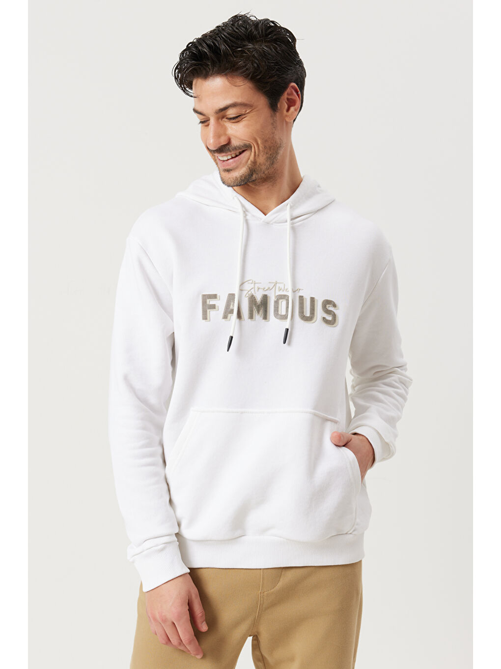 Erkek Ekru Slim Fit Dar Kesim Kapüşonlu Pamuklu Rahat Sweatshirt