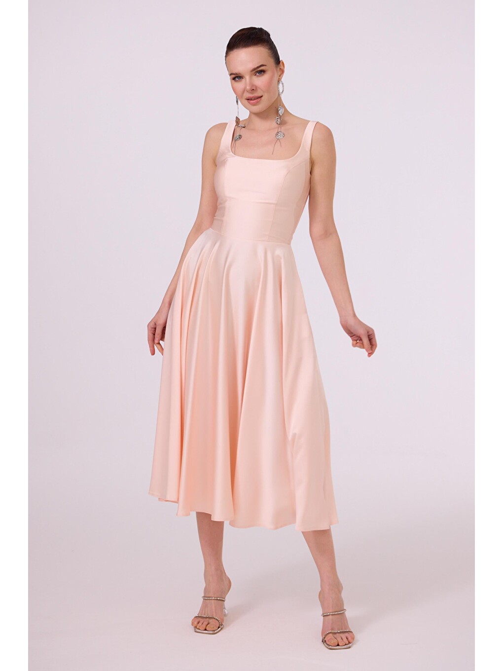 Pembe Pudra Sırt Dekolteli Midi Saten Abiye Elbise-3